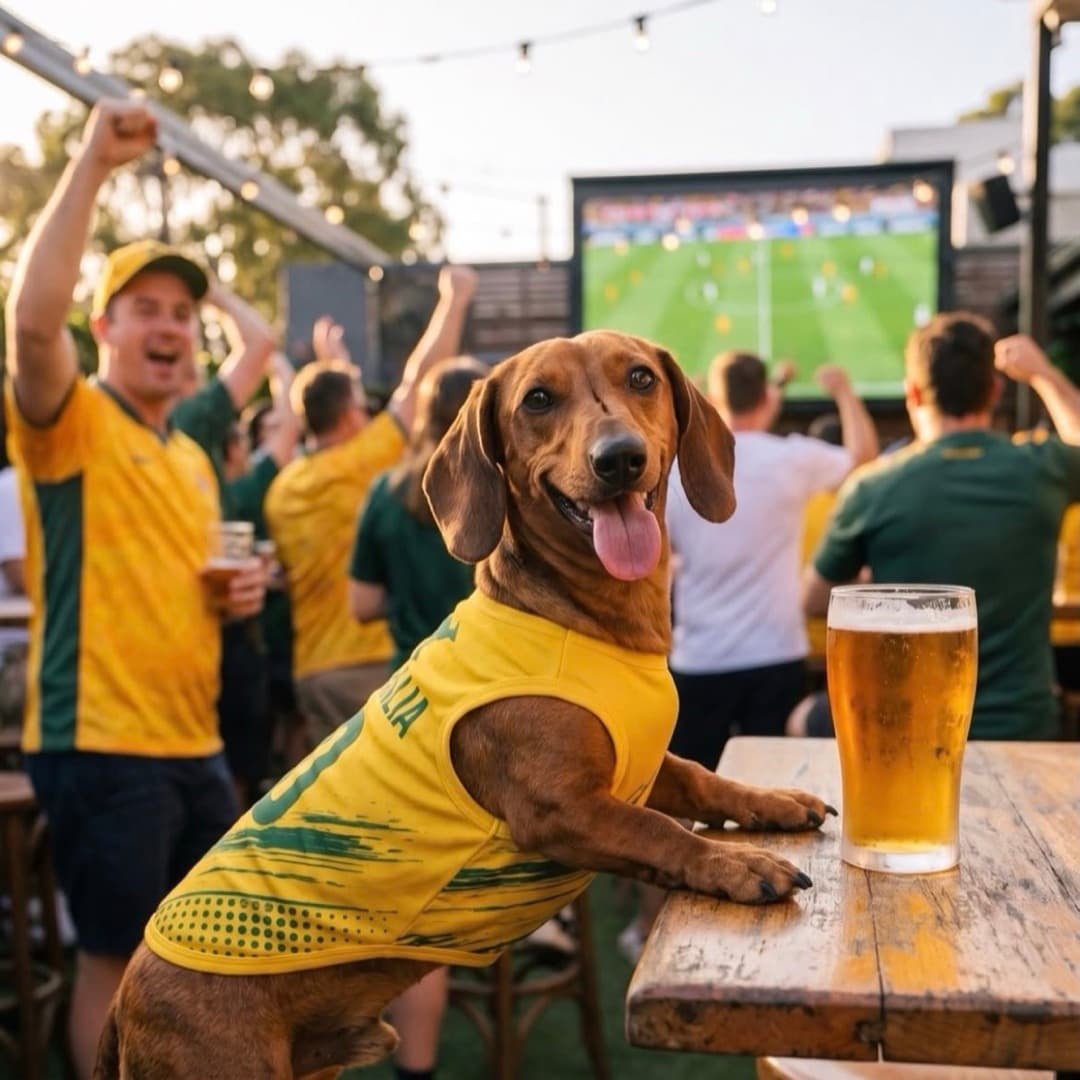 Dachshund in the Australia kit watching the match at the pub