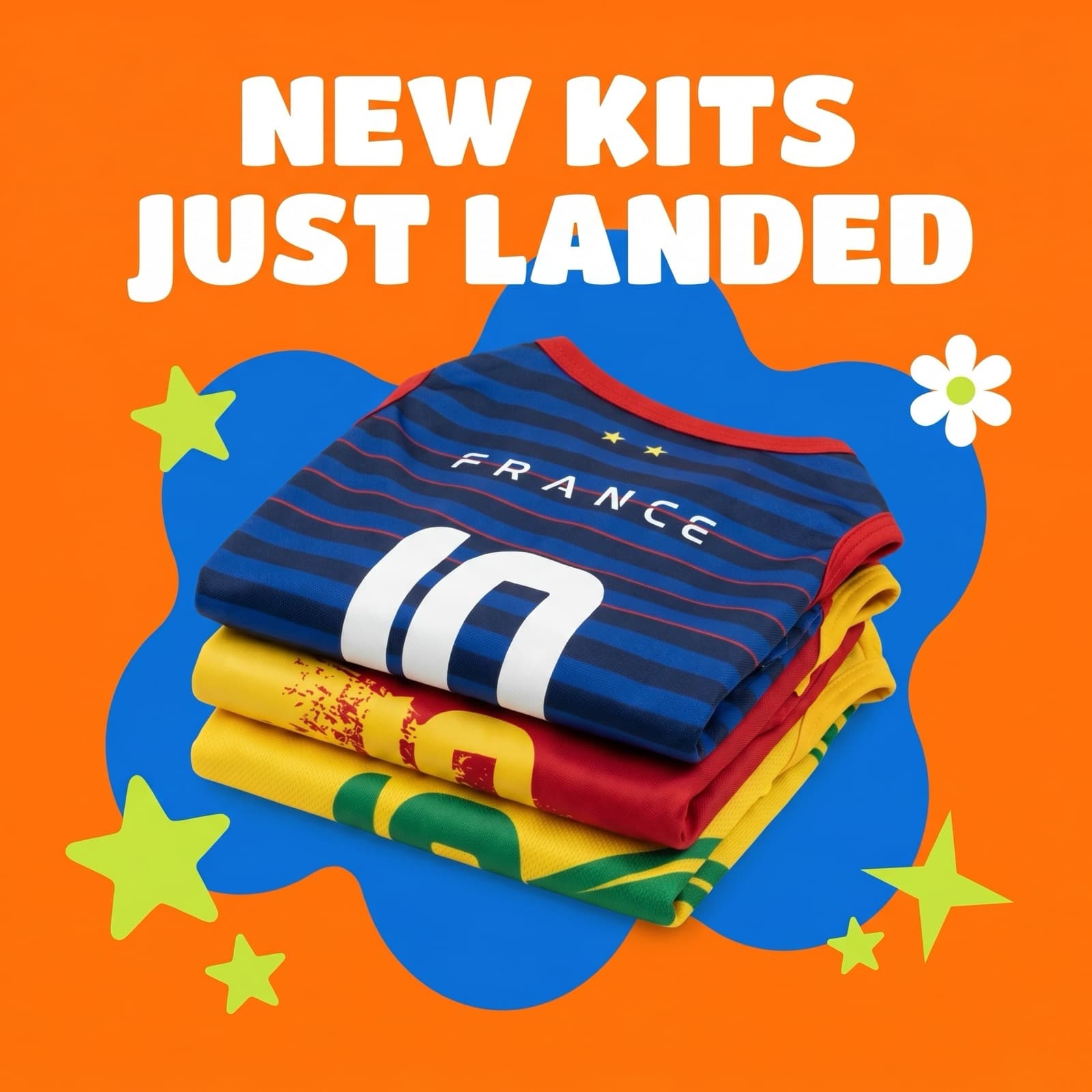 Stack of folded dog jerseys: New Kits Just Landed