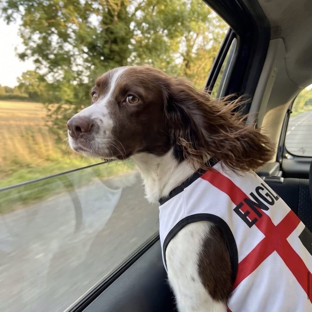 Springer Spaniel in the England jersey with its head out the car window