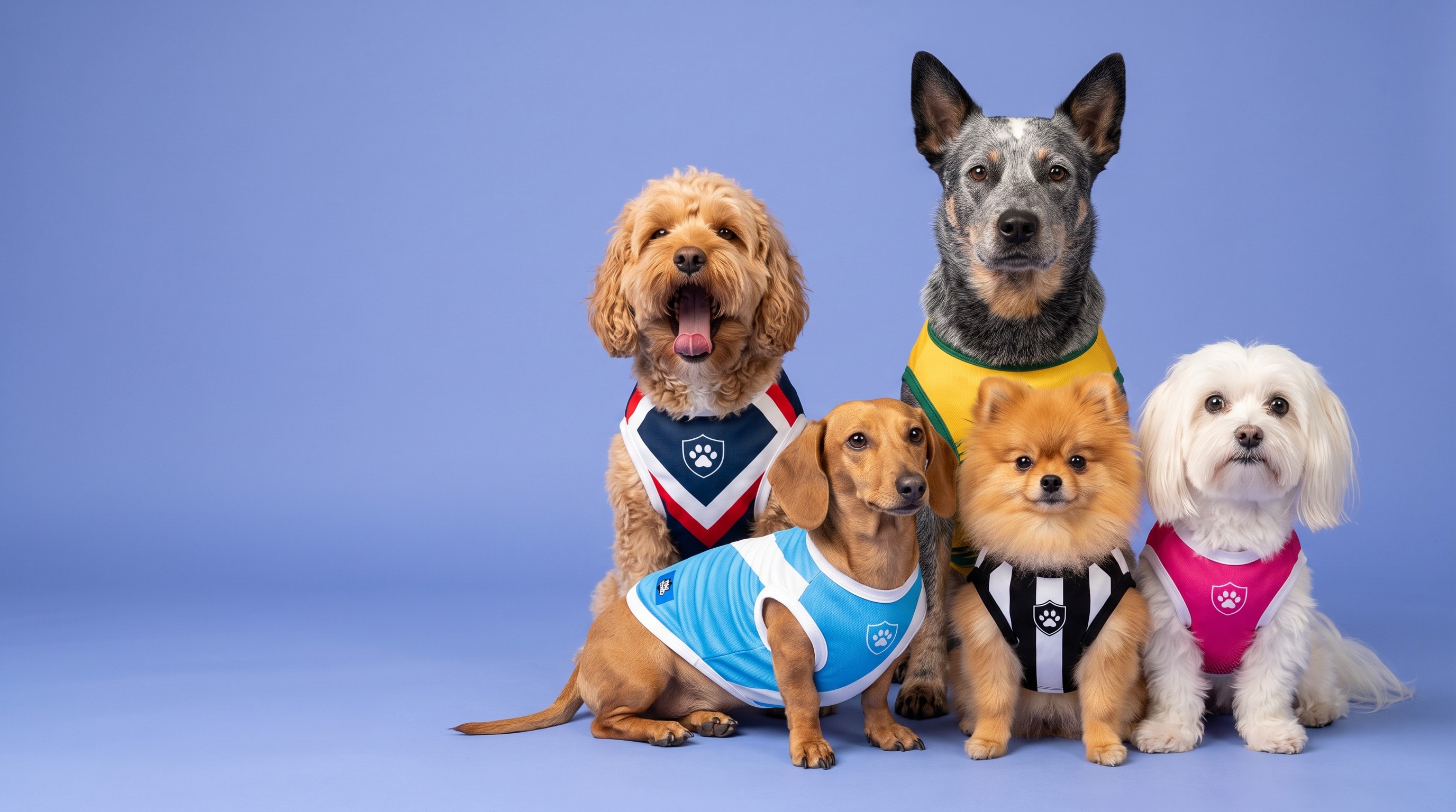 Five dogs in Paw Sportz kits sitting together for a team photo